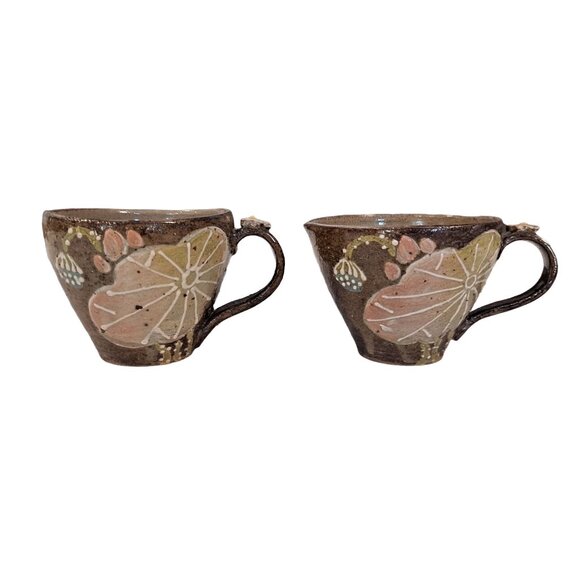 Handmade Other - Lotus Flower Lily Pad Coarse Clay Cups Mugs Set Of 2
